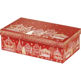 Box cardboard rectangular red/gold hot foil stamping "Bonnes Fêtes", 31.5x18x10 cm, BF440P