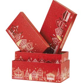 Box cardboard rectangular red/gold hot foil stamping "Bonnes Fêtes", 31.5x18x10 cm, BF440P