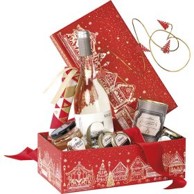 Box cardboard rectangular red/gold hot foil stamping "Bonnes Fêtes", 33x21x12 cm, BF440M