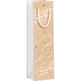 Bag paper 1 bottle, "Bonnes Fêtes" kraft/white/gold hot foil stamping, white cord handles eyelet, 11x9x39 cm, SB294-1B