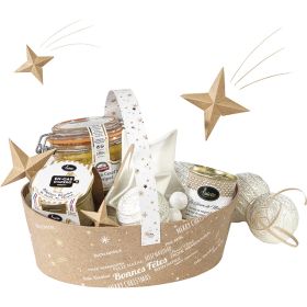 Овална картонена кошница, крафт/бяло "Bonnes Fêtes", с прибиращи се дръжки, 25x19x8 см, BF422