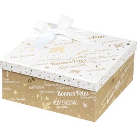 Box cardboard square kraft/white/gold hot foil stamping "Bonnes Fêtes", 21x21x9 cm, BF429S