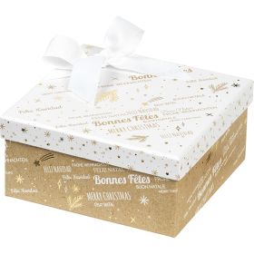 Box cardboard square kraft/white/gold hot foil stamping "Bonnes Fêtes", 16x16x7.5 cm, BF429XS