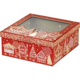 Box cardboard square red/gold hot foil stamping PET window "Bonnes Fêtes", 21x21x9 cm, BF446S