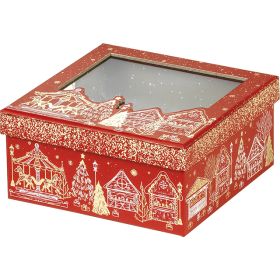 Box cardboard square red/gold hot foil stamping PET window "Bonnes Fêtes", 16x16x7.5 cm, BF446XS