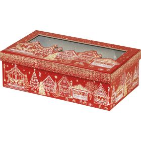 Box cardboard rectangular red/gold hot foil stamping PET window "Bonnes Fêtes", 31.5x18x10 cm, BF450P