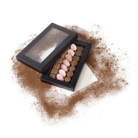 Кутия картонена правоъгълна за  шоколадови бонбони, PET прозорец, черно/златно