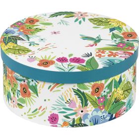 Cardboard box round blue/flowers; Dimensions in cm: 9 x D20; FL106S