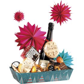 Rectangular cardboard tray, "Bonnes Fêtes" hot stamping blue/red/gold with Christmas motif, 33X20X7cm, BF464M