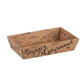 Rectangular cardboard tray, Voyage Gourmand 34x21x7.3 cm, kraft/black CV508M-VK
