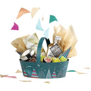 Овална картонена кошница, синьо/червено/златно "Bonnes Fêtes" печат, с прибиращи се дръжки, 25x19x8 см, BF462