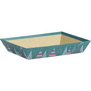 Tray cardboard rectangular blue/red/gold hot foil stamping Bonnes Fêtes, 27x20x5 cm, BF463P