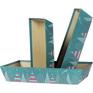 Tray cardboard rectangular blue/red/gold hot foil stamping Bonnes Fêtes, 27x20x5 cm, BF463P