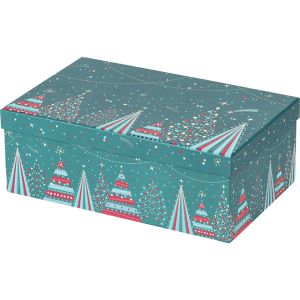 Cardboard box, "Bonnes Fêtes" warm print blue/red/gold with Christmas motif, 33x21x12 cm, BF460M