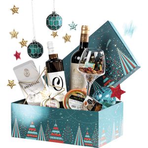 Cardboard box, "Bonnes Fêtes" warm print blue/red/gold with Christmas motif, 33x21x12 cm, BF460M