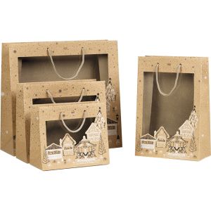 "Bonnes Fêtes" Kraft/Black/White Paper Gift Bag with PVC Window, 20x10x29cm, SB541S