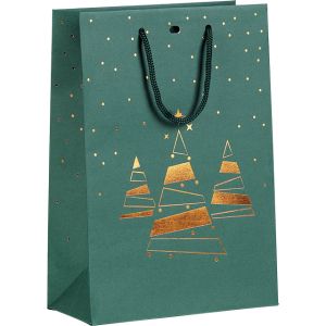 Bag paper green/copper hot foil stamping Bonnes Fêtes Christmas trees green cord handles eyelet 20x10x29 cm, SB561S