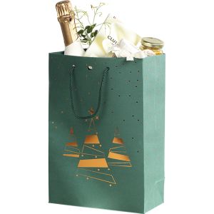 Bag paper green/copper hot foil stamping Bonnes Fêtes Christmas trees green cord handles eyelet 20x10x29 cm, SB561S