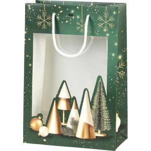 Bag paper Bonnes fêtes green/gold hot foil stamping PET window white cord handles eyelet,20x10x29 cm,   SB241S