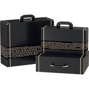 Cardboard rectangular briefcase box, Savoureux, black/gold, 34.2x25x11.5 cm, CV030M
