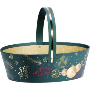 Овална картонена кошница ENCHANTED NATURE, зелено/златно топъл печат със сгъваема дръжка 25.0 x 19.0 x 8.0 cm, BF492 