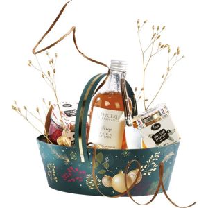 Овална картонена кошница ENCHANTED NATURE, зелено/златно топъл печат със сгъваема дръжка 25.0 x 19.0 x 8.0 cm, BF492 