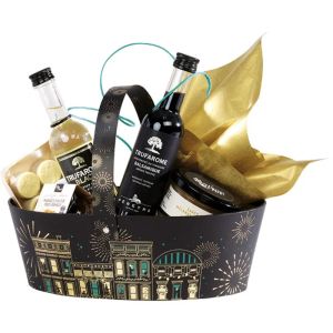 Овална картонена кошница FESTIVE CITIES, черно/зелено/златно топъл печат 25.0 x 19.0 x 8.0 cm, BF532 