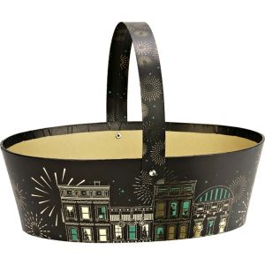 Овална картонена кошница FESTIVE CITIES, черно/зелено/златно топъл печат 25.0 x 19.0 x 8.0 cm, BF532 