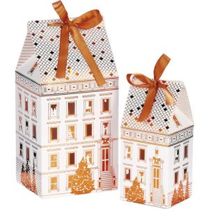 Картонена кутия в форма на къща FESTIVE CITY, бяло/златно 8.0 x 7.0 x 15.9 cm, CP321XSBF 