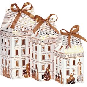 Картонена кутия в форма на къща FESTIVE CITY, бяло/златно 8.0 x 7.0 x 15.9 cm, CP321XSBF 