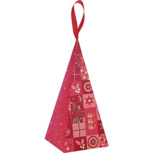 Paper pyramid bag "CHRISTMAS MOSAIC" in red/gold with red satin ribbon, 20.0 x 9.0 x 9.0 cm, SB701S