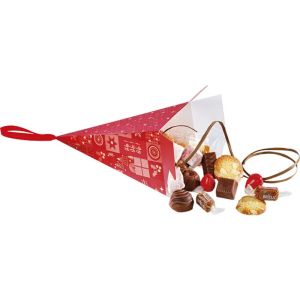 Paper pyramid bag "CHRISTMAS MOSAIC" in red/gold with red satin ribbon, 20.0 x 9.0 x 9.0 cm, SB701S