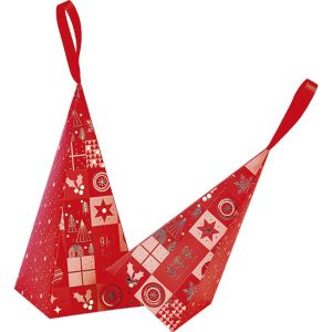 Paper pyramid bag "CHRISTMAS MOSAIC" in red/gold with red satin ribbon, 20.0 x 9.0 x 9.0 cm, SB701S