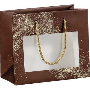 Paper bag "GOLDEN POWDER", brown/gold, PET "window", 20.0x10.0x17.0 cm