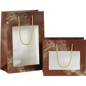 Paper bag "GOLDEN POWDER", brown/gold, PET "window", 20.0x10.0x17.0 cm