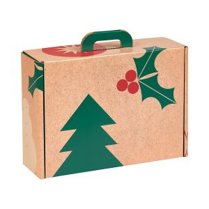 Правоъгълна картонена кутия тип "куфарче" „NATURAL CHRISTMAS“  крафт/червен/зелен 34.2 x 25.0 x 11.5 cm, CV061M